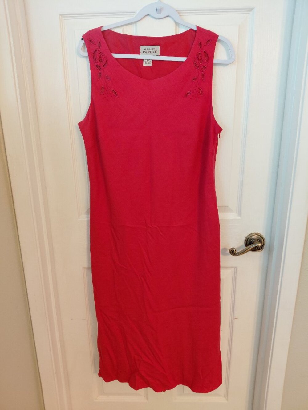 Vintage Adrianna Papell Red Linen Midi Dress Sleeveless Size 16 Spring Office